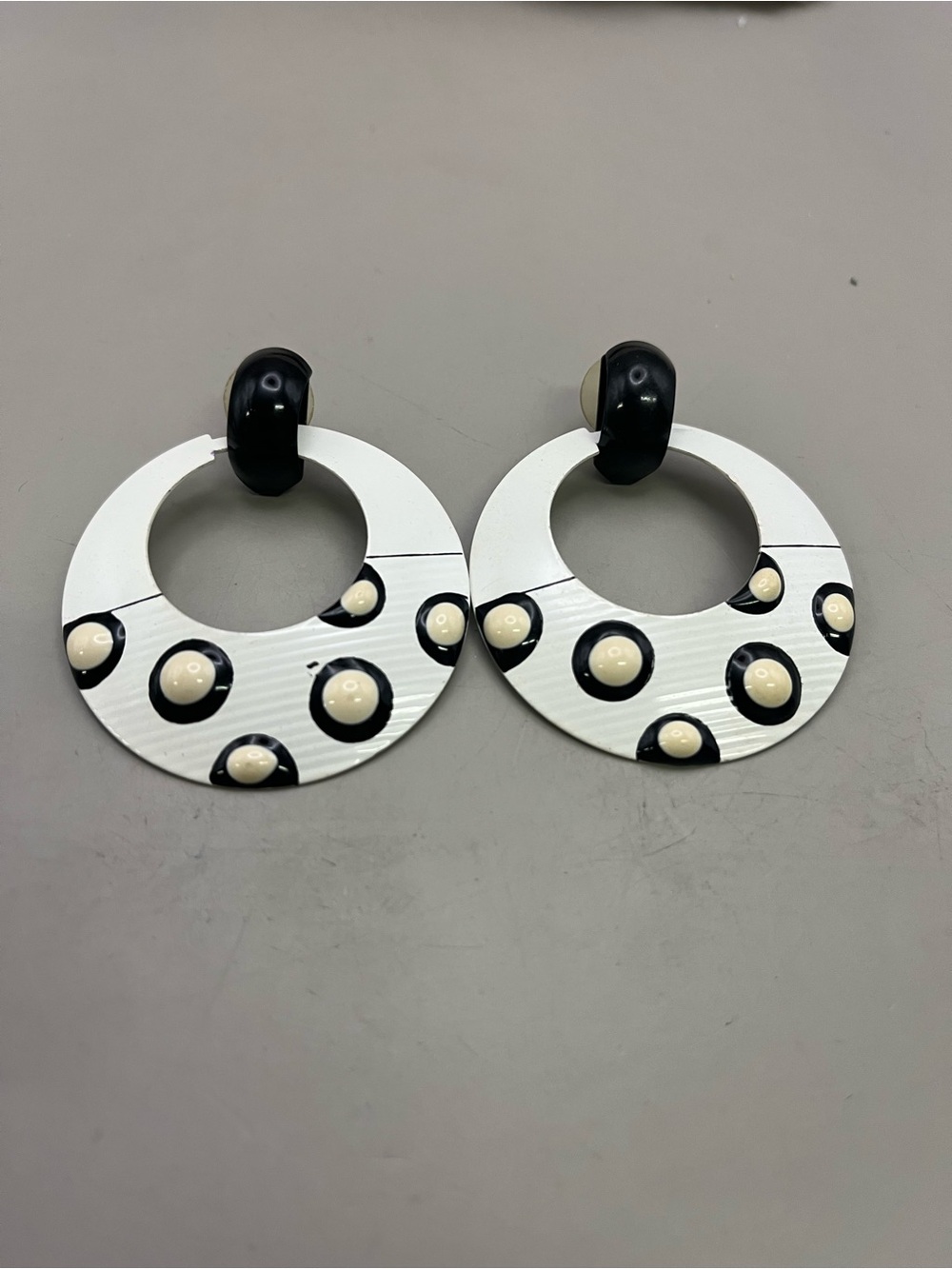 Vintage 80s 90s Statement Hoop Earrings White Black Polka Dot Enamel Retro Mod